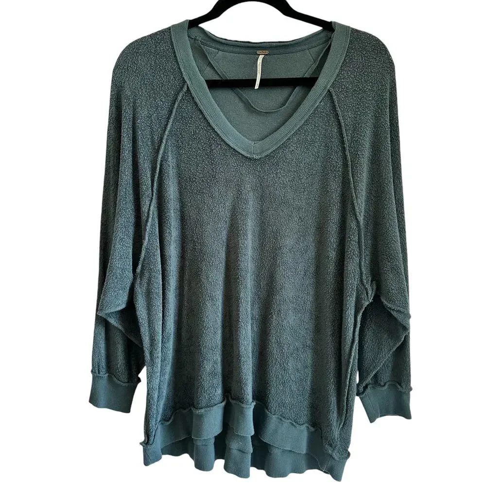 NWOT-Free People Take It Off Textured Pullover Sweatshirt Teal Size:XS OVERSIZED